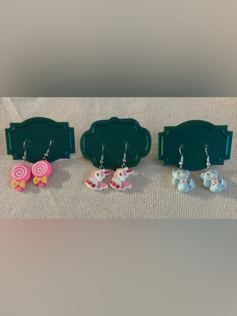 Kids Pink Lollipop, Unicorn & Blue Bear Dangle Earrings - Cute Kids Accessories